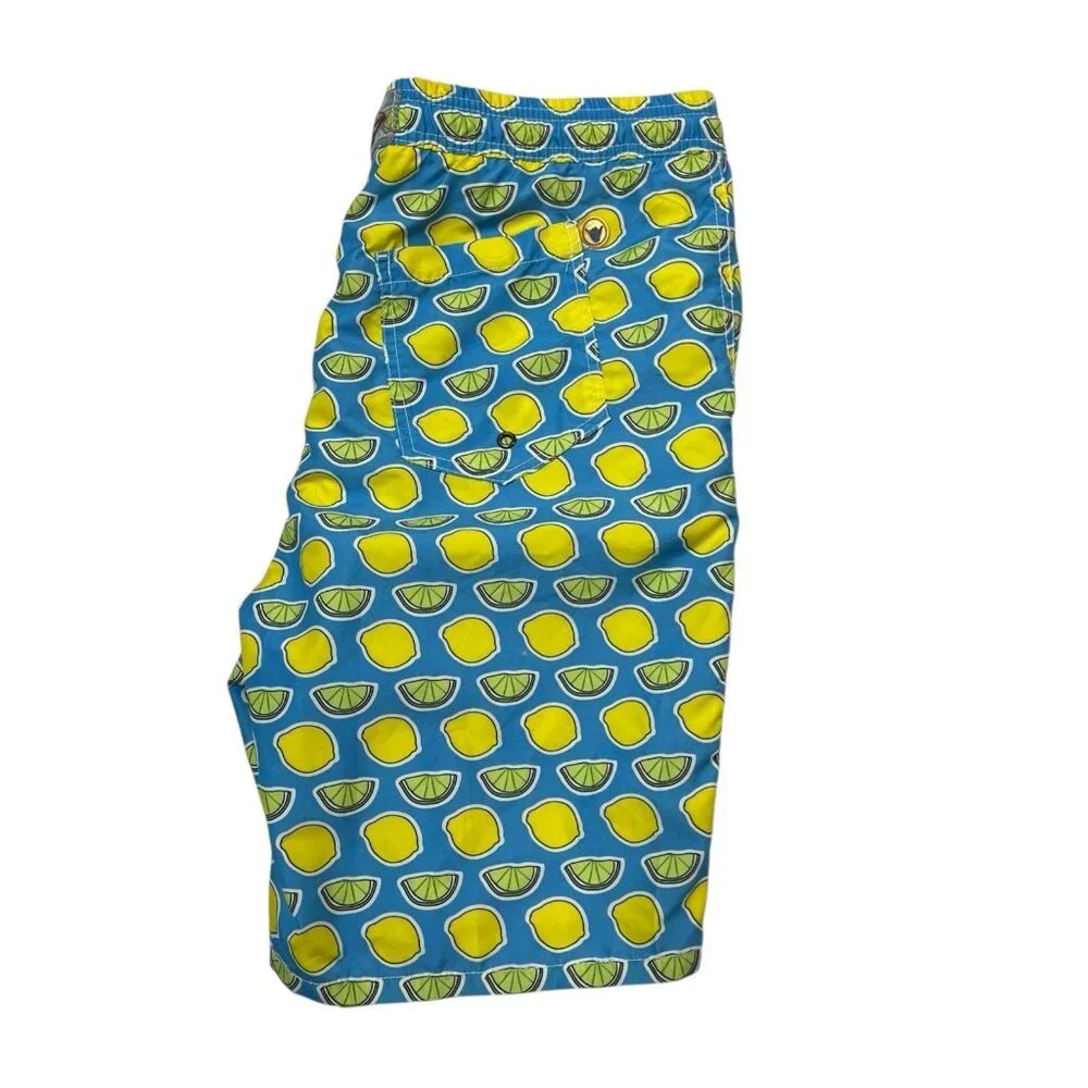 Beach Bros Swim Trunks Mens XL Blue Lemon &‎ Lime Print Bathing Suit Mesh Lined